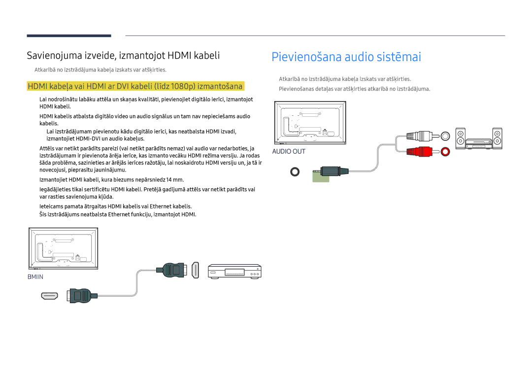 Samsung LH65DMEXTBC/EN manual Pievienošana audio sistēmai, Hdmi kabeļa vai Hdmi ar DVI kabeli līdz 1080p izmantošana 