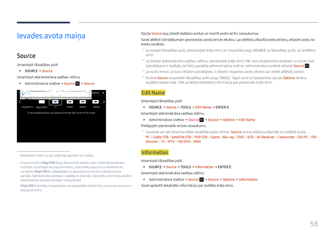 Samsung LH65DMEXTBC/EN manual Ievades avota maiņa, Source, Edit Name, Information 