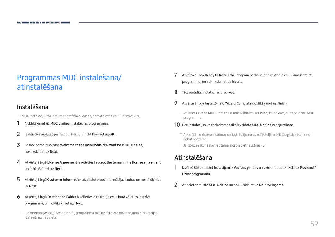 Samsung LH65DMEXTBC/EN manual MDC izmantošana, Programmas MDC instalēšana/ atinstalēšana, Atinstalēšana 