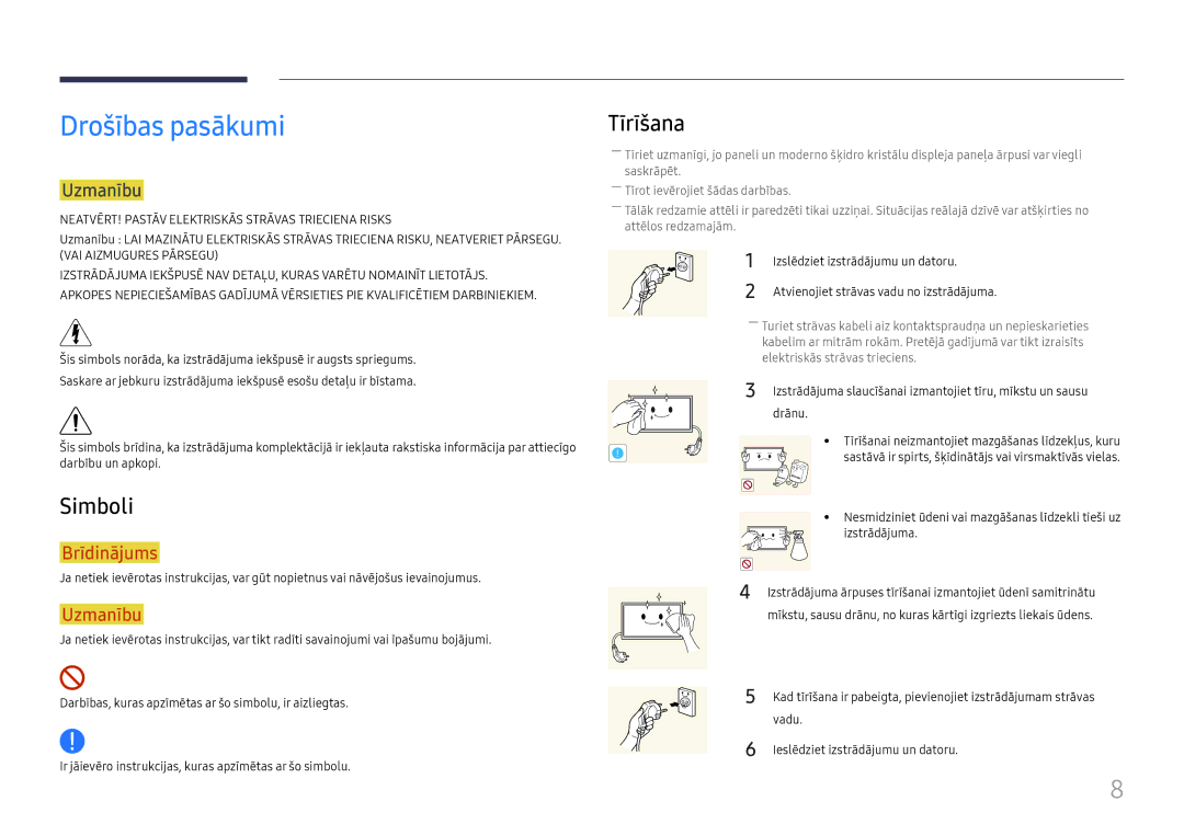 Samsung LH65DMEXTBC/EN manual Drošības pasākumi, Simboli, Tīrīšana, Uzmanību 