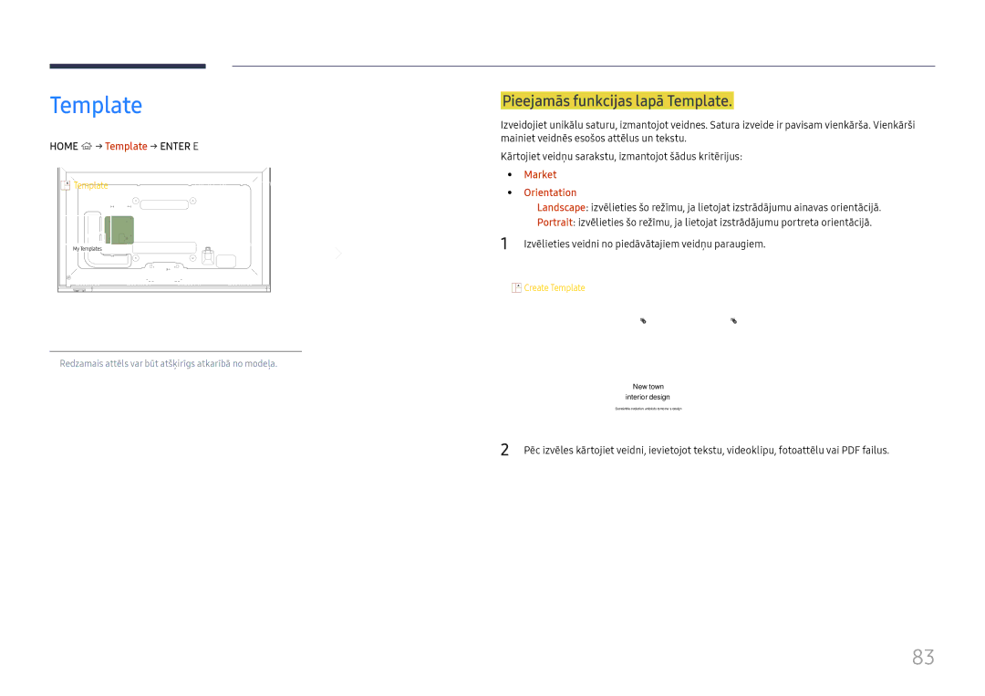 Samsung LH65DMEXTBC/EN manual Pieejamās funkcijas lapā Template, Home → Template → Enter E, Market Orientation 