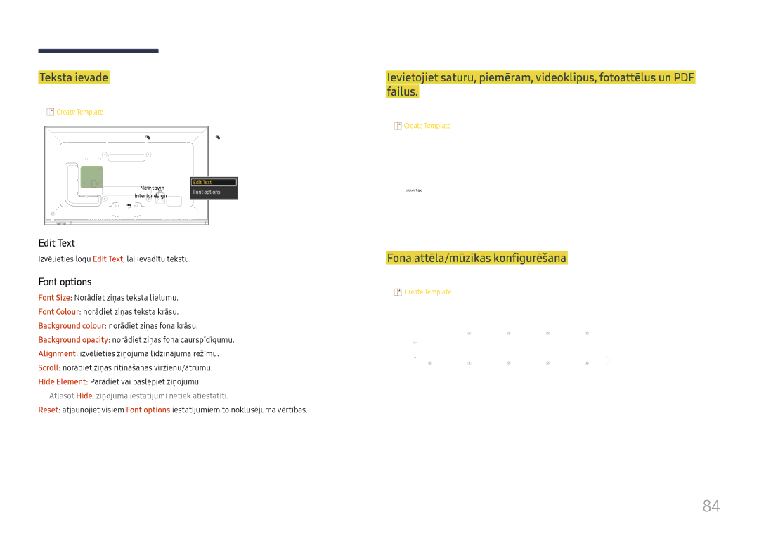 Samsung LH65DMEXTBC/EN manual Teksta ievade, Fona attēla/mūzikas konfigurēšana, Edit Text, Font options 