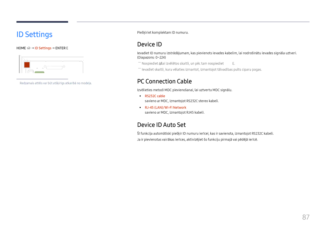 Samsung LH65DMEXTBC/EN manual ID Settings, PC Connection Cable, Device ID Auto Set 