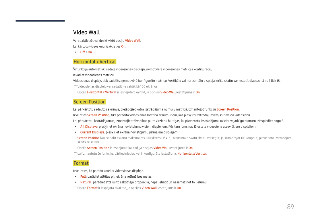 Samsung LH65DMEXTBC/EN manual Video Wall, Horizontal x Vertical, Screen Position, Format, Off / On 