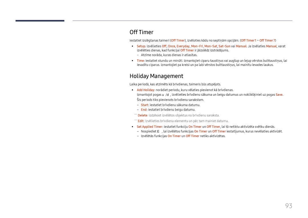 Samsung LH65DMEXTBC/EN manual Off Timer, Holiday Management 