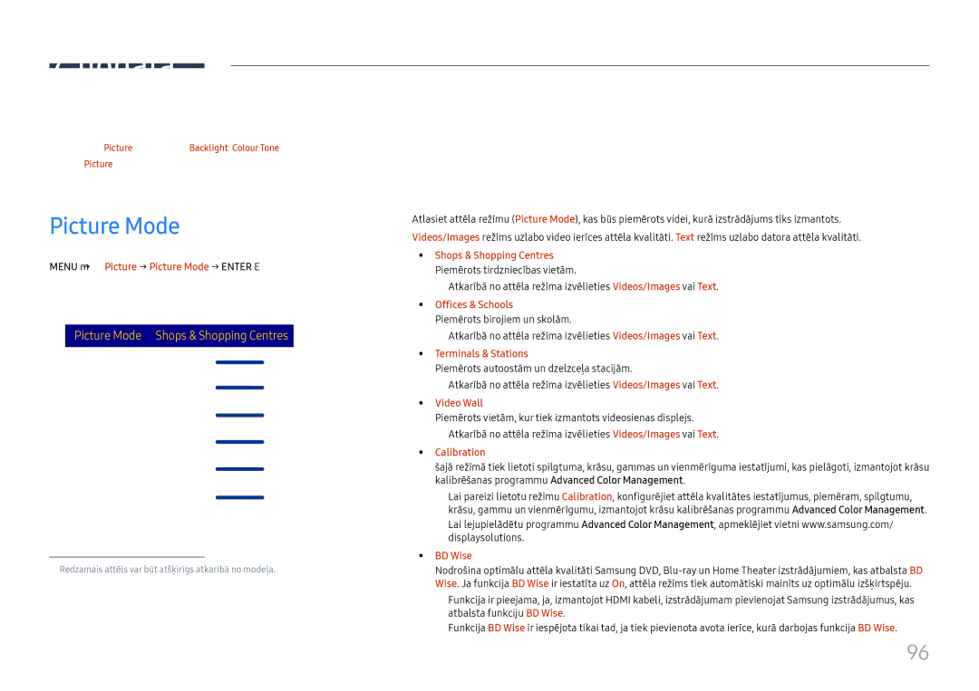 Samsung LH65DMEXTBC/EN manual Ekrāna pielāgošana, Menu m → Picture → Picture Mode → Enter E 