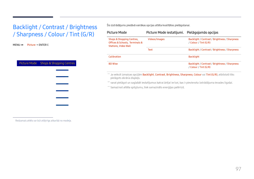 Samsung LH65DMEXTBC/EN manual Pielāgojamās opcijas, Picture Mode iestatījumi, Menu m → Picture → Enter E 