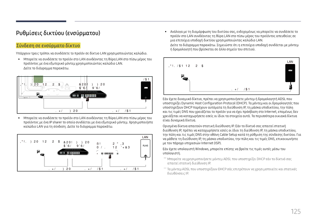 Samsung LH65DMEXTBC/EN manual 125, Ρυθμίσεις δικτύου ενσύρματου, Σύνδεση σε ενσύρματο δίκτυο 