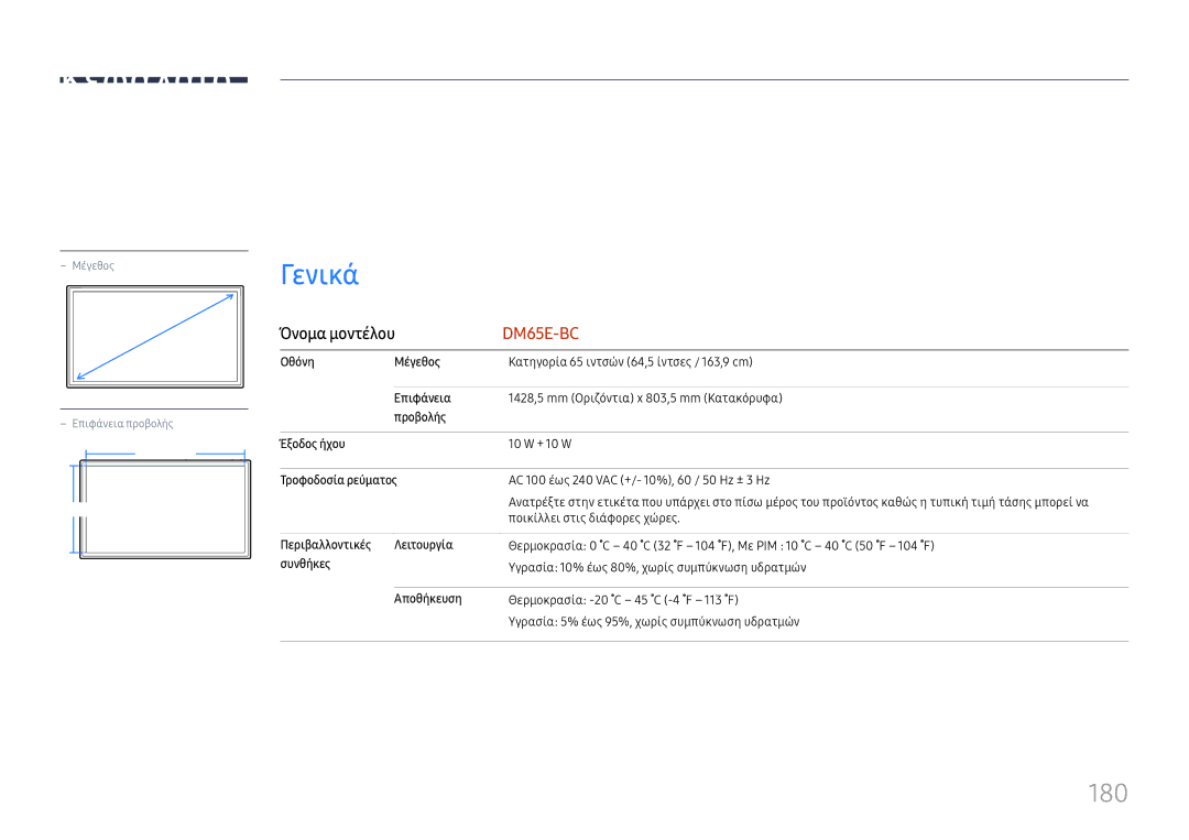 Samsung LH65DMEXTBC/EN manual Προδιαγραφές, 180, Όνομα μοντέλου 