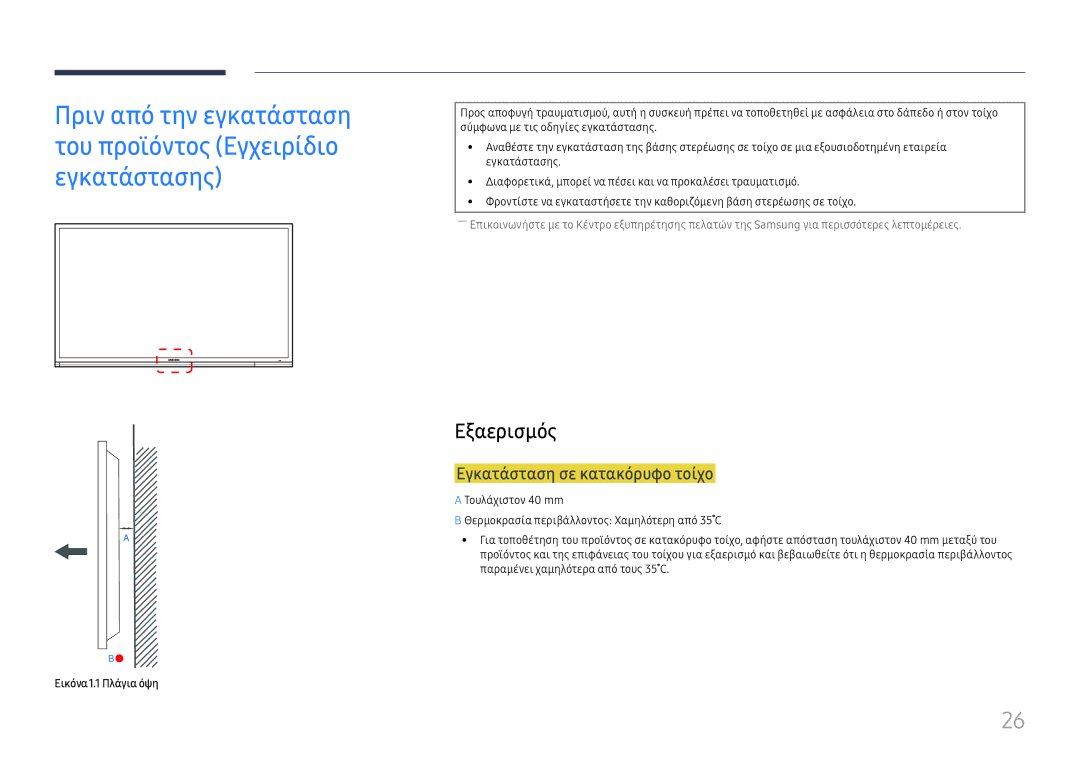 Samsung LH65DMEXTBC/EN manual Εξαερισμός, Εγκατάσταση σε κατακόρυφο τοίχο, Εικόνα1.1 Πλάγια όψη 