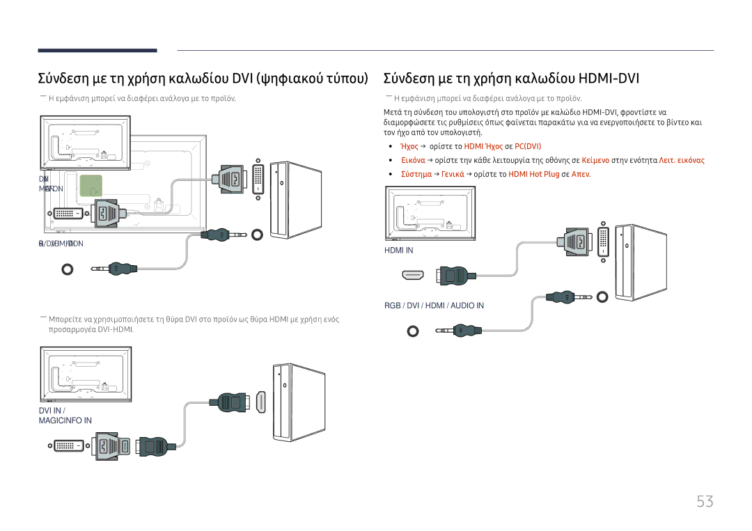 Samsung LH65DMEXTBC/EN manual Σύνδεση με τη χρήση καλωδίου HDMI-DVI, Ήχος → ορίστε το Hdmi Ήχος σε Pcdvi 