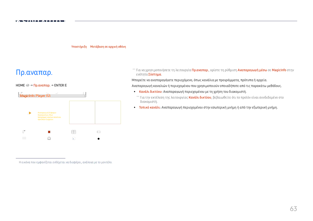 Samsung LH65DMEXTBC/EN manual Λειτουργία αρχικής οθόνης, Πρ.αναπαρ Πρόγραμμα Πρότυπο, Home → Πρ.αναπαρ. → Enter E 