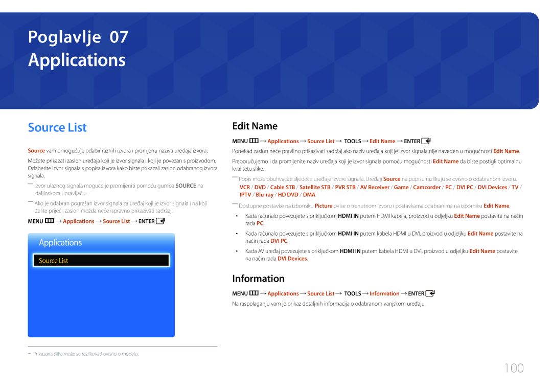 Samsung LH65EDCPLBC/EN manual Applications, Source List, 100, Edit Name, Information 