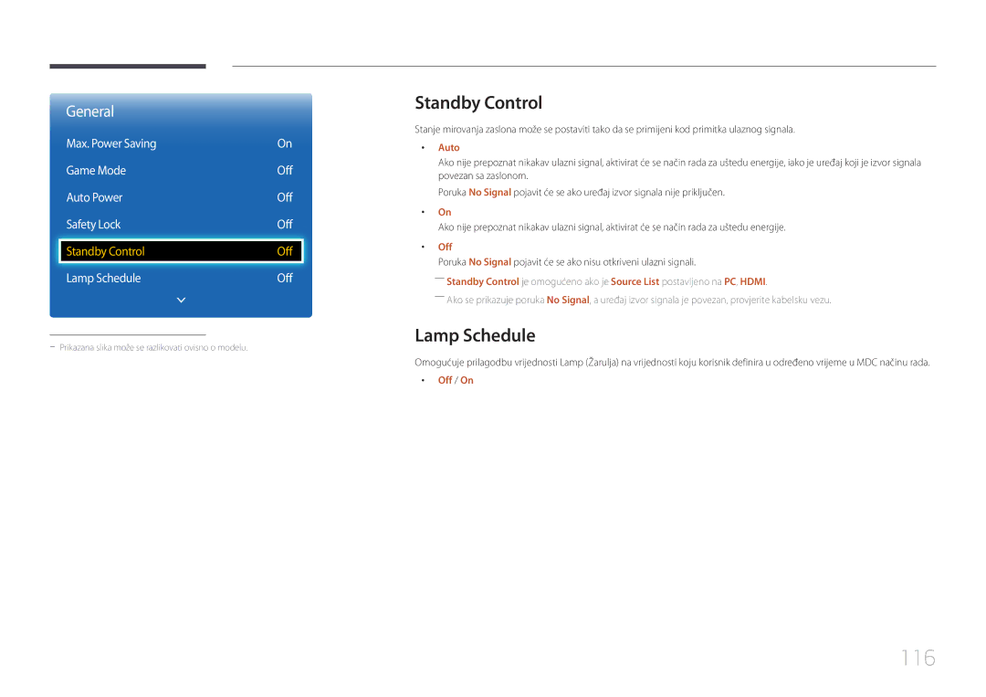 Samsung LH65EDCPLBC/EN manual 116, Standby Control, Lamp Schedule, Max. Power Saving Game Mode Off Auto Power Safety Lock 