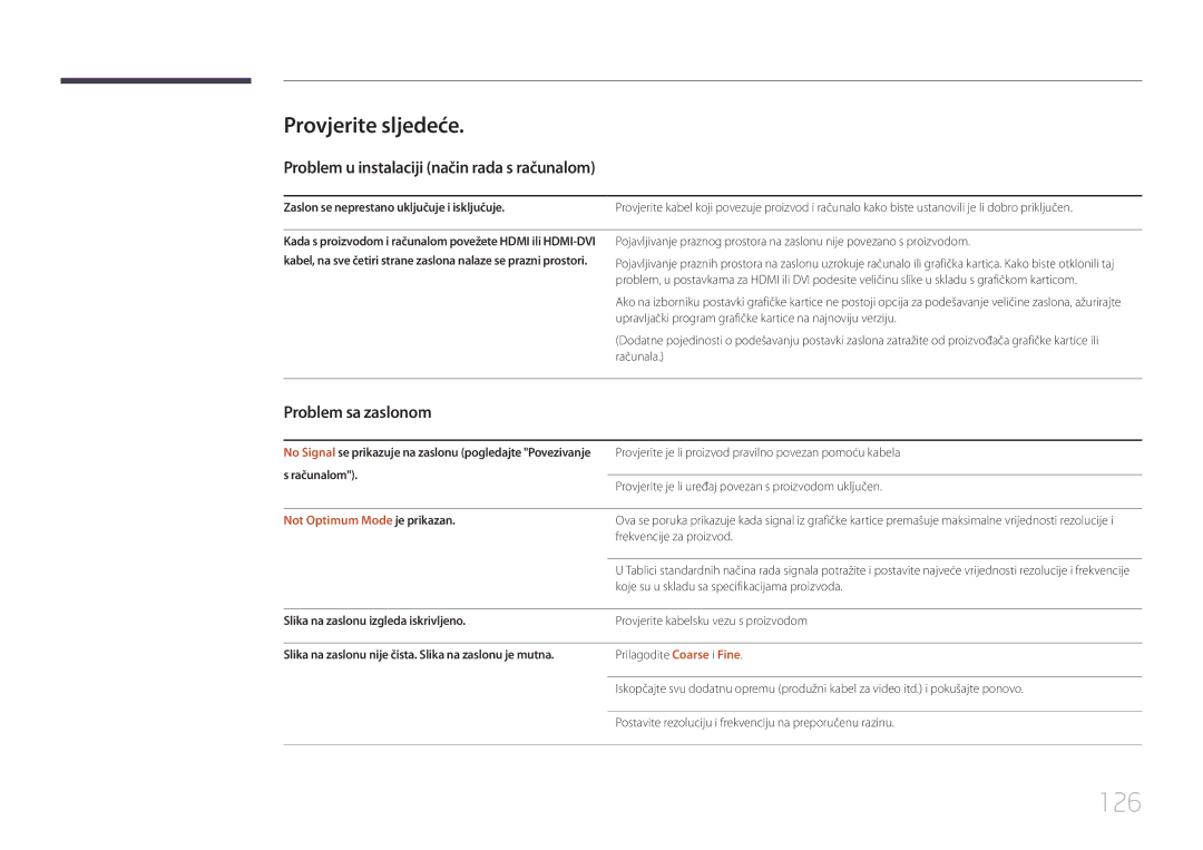 Samsung LH65EDCPLBC/EN manual 126, Provjerite sljedeće, Problem u instalaciji način rada s računalom, Problem sa zaslonom 