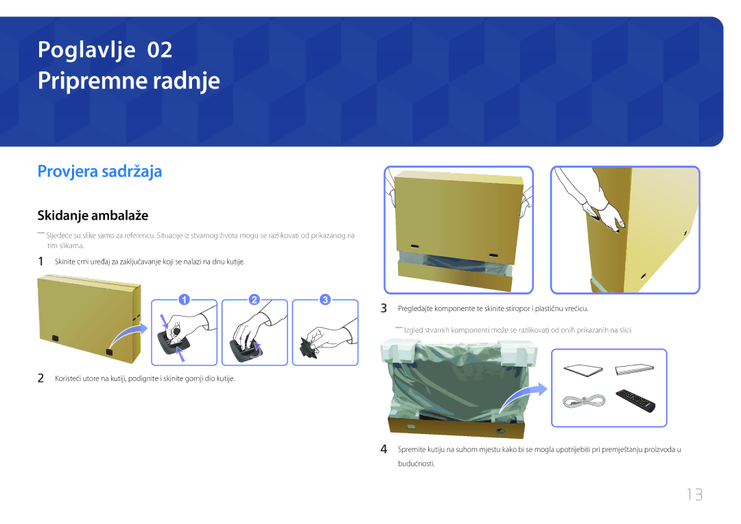 Samsung LH65EDCPLBC/EN manual Pripremne radnje, Provjera sadržaja, Skidanje ambalaže 