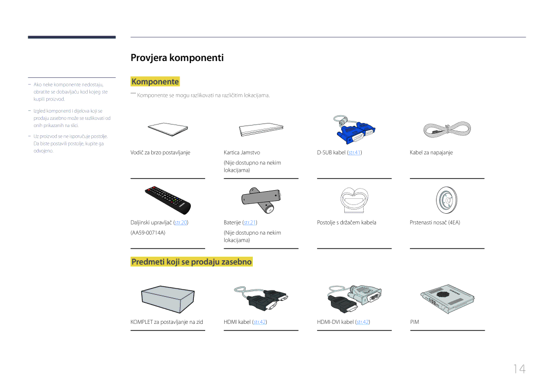 Samsung LH65EDCPLBC/EN manual Provjera komponenti, Komponente, Predmeti koji se prodaju zasebno 