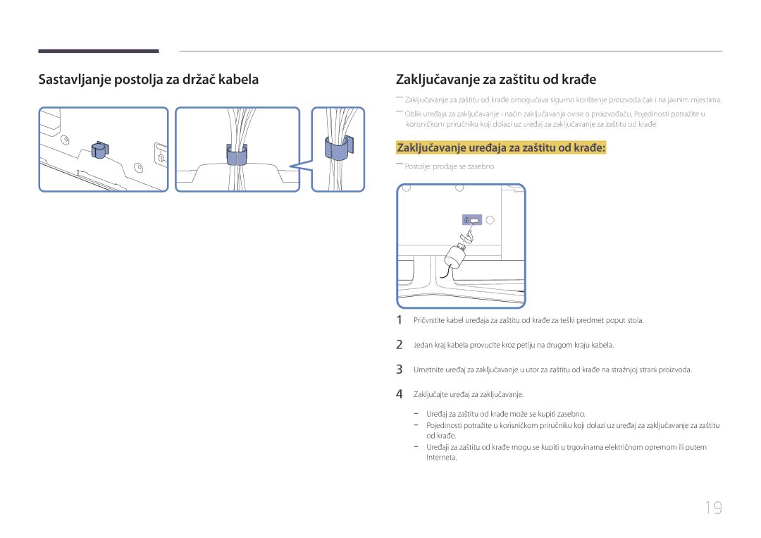 Samsung LH65EDCPLBC/EN manual Sastavljanje postolja za držač kabela, Zaključavanje uređaja za zaštitu od krađe 