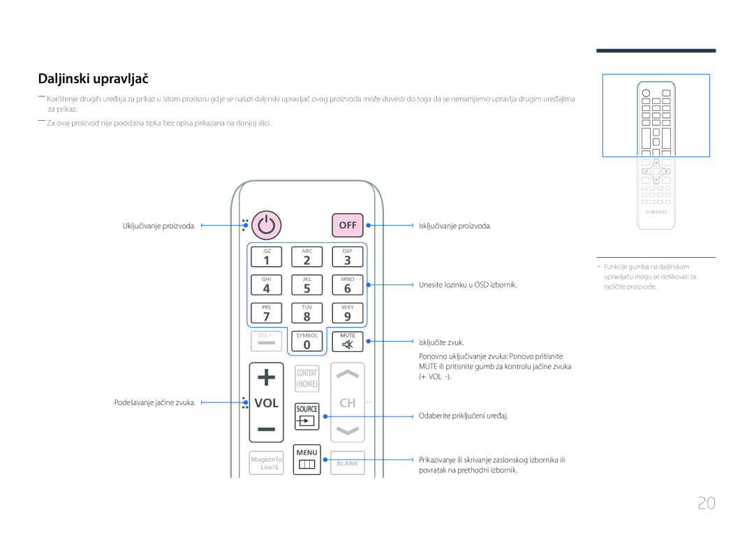 Samsung LH65EDCPLBC/EN manual Daljinski upravljač, Uključivanje proizvoda 