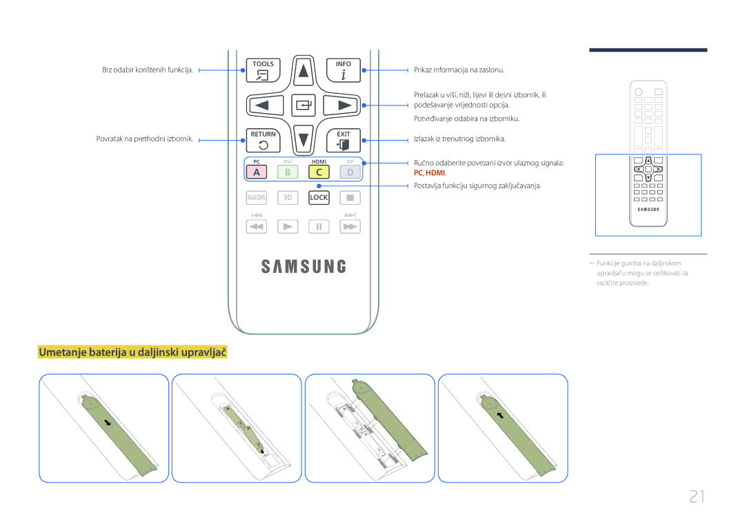 Samsung LH65EDCPLBC/EN manual Umetanje baterija u daljinski upravljač, Brz odabir korištenih funkcija 