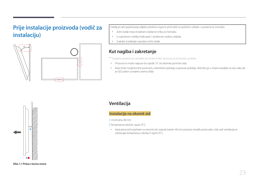 Samsung LH65EDCPLBC/EN manual Prije instalacije proizvoda vodič za instalaciju, Kut nagiba i zakretanje, Ventilacija 