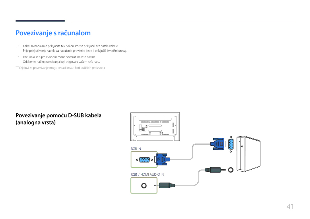 Samsung LH65EDCPLBC/EN manual Povezivanje s računalom, Povezivanje pomoću D-SUB kabela analogna vrsta 