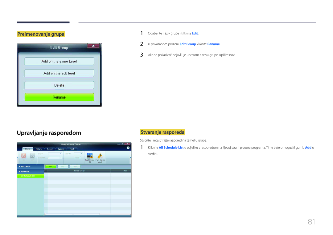 Samsung LH65EDCPLBC/EN manual Upravljanje rasporedom, Preimenovanje grupa, Stvaranje rasporeda 