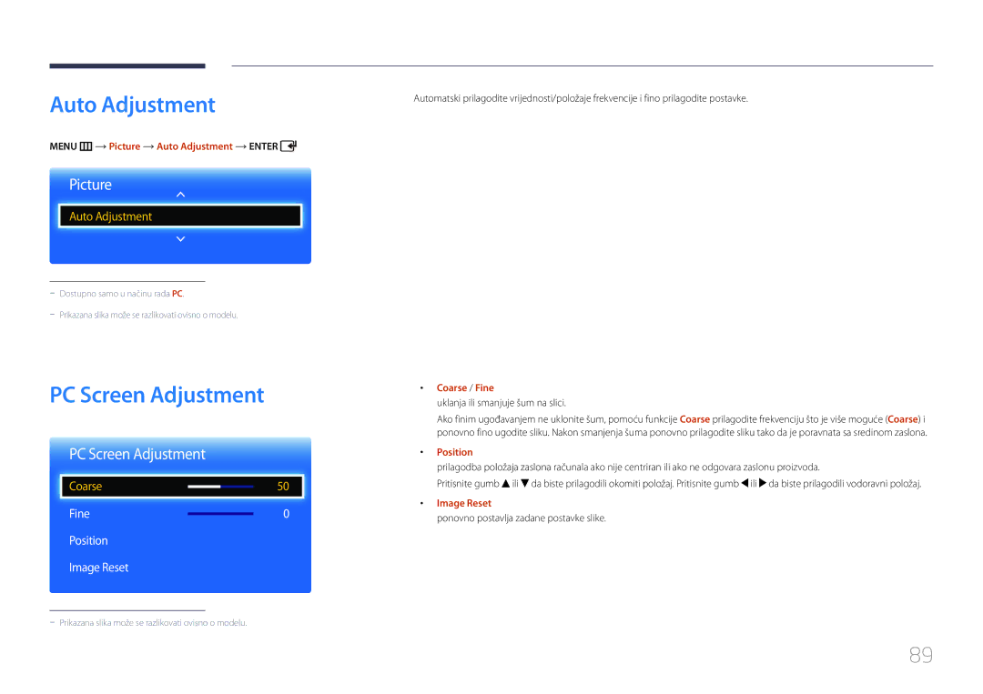 Samsung LH65EDCPLBC/EN manual Auto Adjustment, PC Screen Adjustment, Fine Position Image Reset 