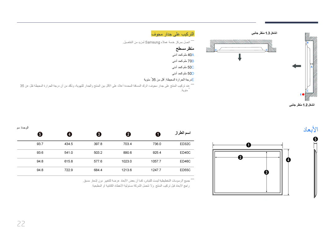 Samsung LH75EDCPLBC/NG داعبلأا, فوجم رادج ىلع بيكرتلا, حطسم رظنم, زارطلا مسا, يبناج رظنم 1.3 لكشلا يبناج رظنم 1.2 لكشلا 