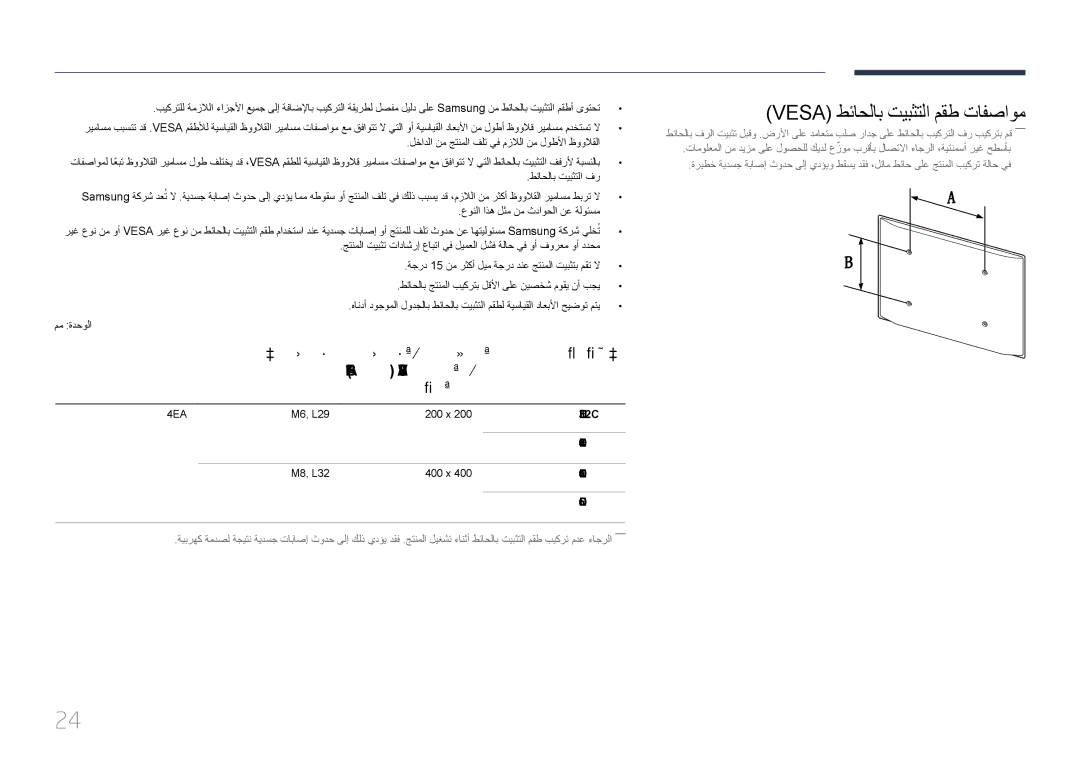 Samsung LH65EDCPLBC/NG Vesa طئاحلاب تيبثتلا مقط تافصاوم, ةيمكلا يسايقلا رامسملا رامسم ةحتف تافصاوم زارطلا مسا, رتم يللملاب 