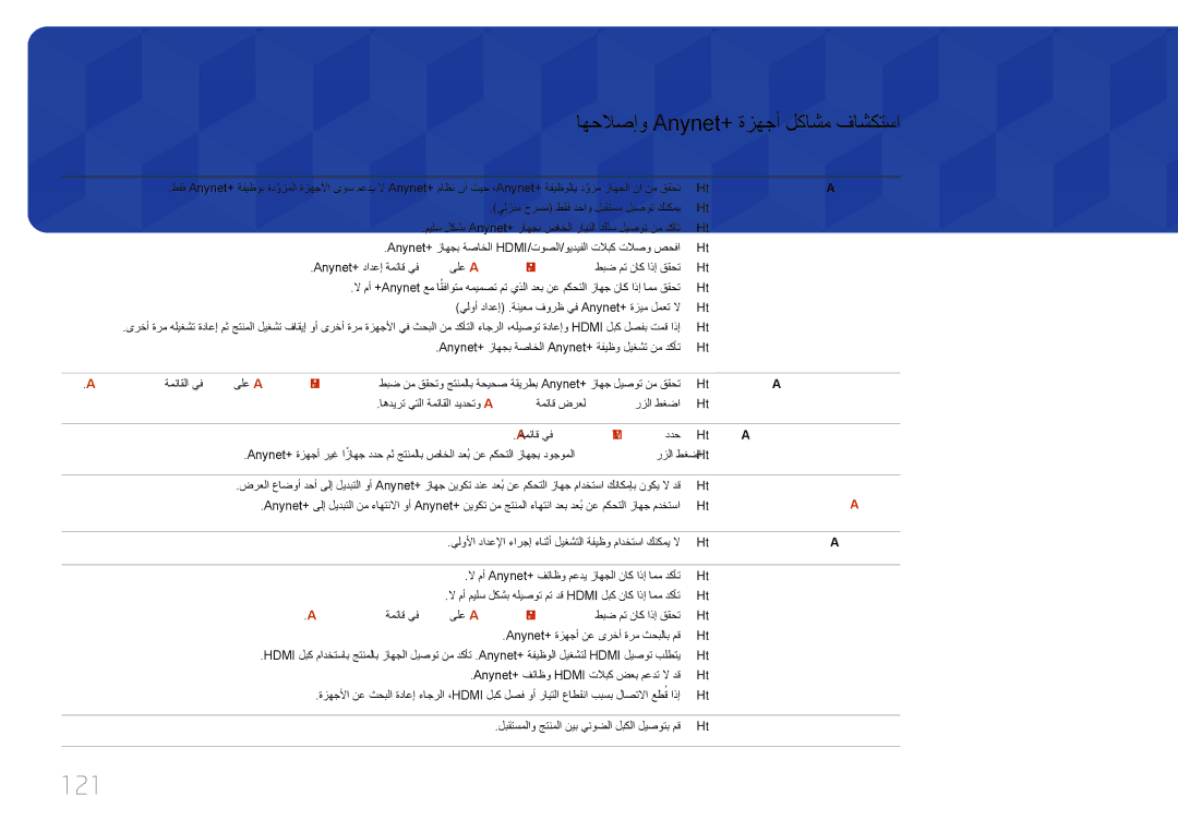 Samsung LH75EDCPLBC/NG, LH65EDCPLBC/NG manual 121, اهحلاصإو Anynet+‎ةزهجأ لكاشم فاشكتسا, ةلكشملا, Anynet+ ةمئاق يف Empty ددح 