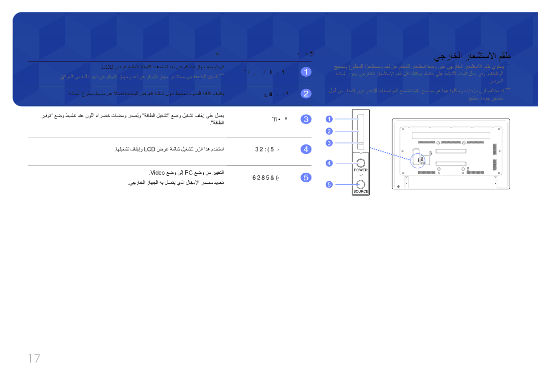 Samsung LH75EDCPLBC/NG, LH65EDCPLBC/NG manual يجراخلا راعشتسلاا مقط, فصولا رارزلأا, ةقاطلا رشؤم, Power رزلا, Source رزلا 