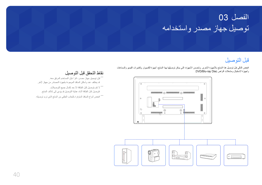 Samsung LH65EDCPLBC/NG, LH75EDCPLBC/NG manual همادختساو ردصم زاهج ليصوت, ليصوتلا لبق ققحتلا طاقن 