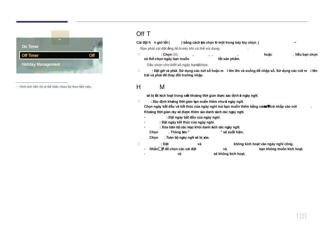 Samsung LH46EDCPLBC/XY, LH65EDCPLBC/XY manual 101, Off Timer, Holiday Management 