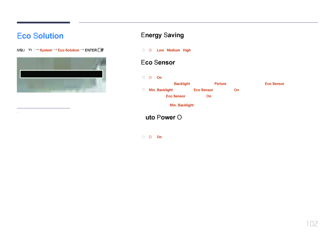 Samsung LH65EDCPLBC/XY, LH46EDCPLBC/XY manual Eco Solution, 102, Energy Saving, Eco Sensor, Auto Power Off 