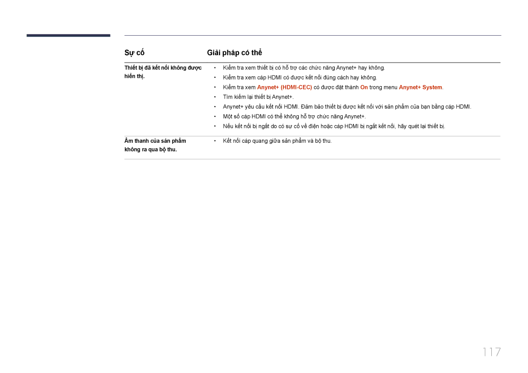 Samsung LH46EDCPLBC/XY, LH65EDCPLBC/XY manual 117, Sư cô, Thiêt bị đã kêt nôi không đươc hiên thị 