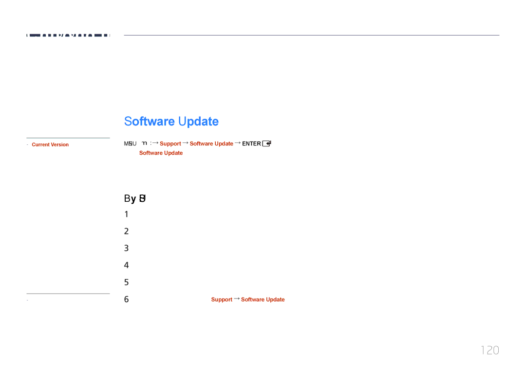 Samsung LH65EDCPLBC/XY, LH46EDCPLBC/XY manual 120, By USB, Menu m Support Software Update Enter 