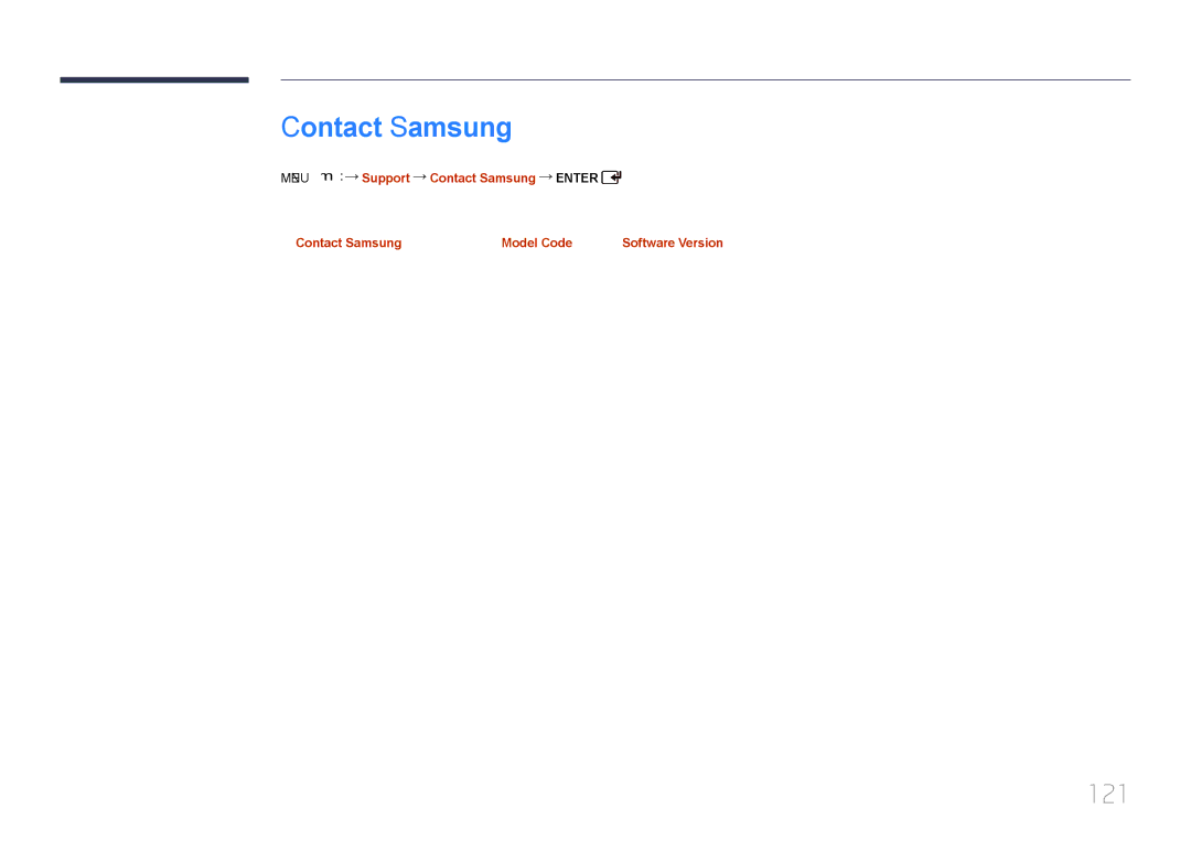 Samsung LH46EDCPLBC/XY, LH65EDCPLBC/XY manual 121, Menu m Support Contact Samsung Enter 