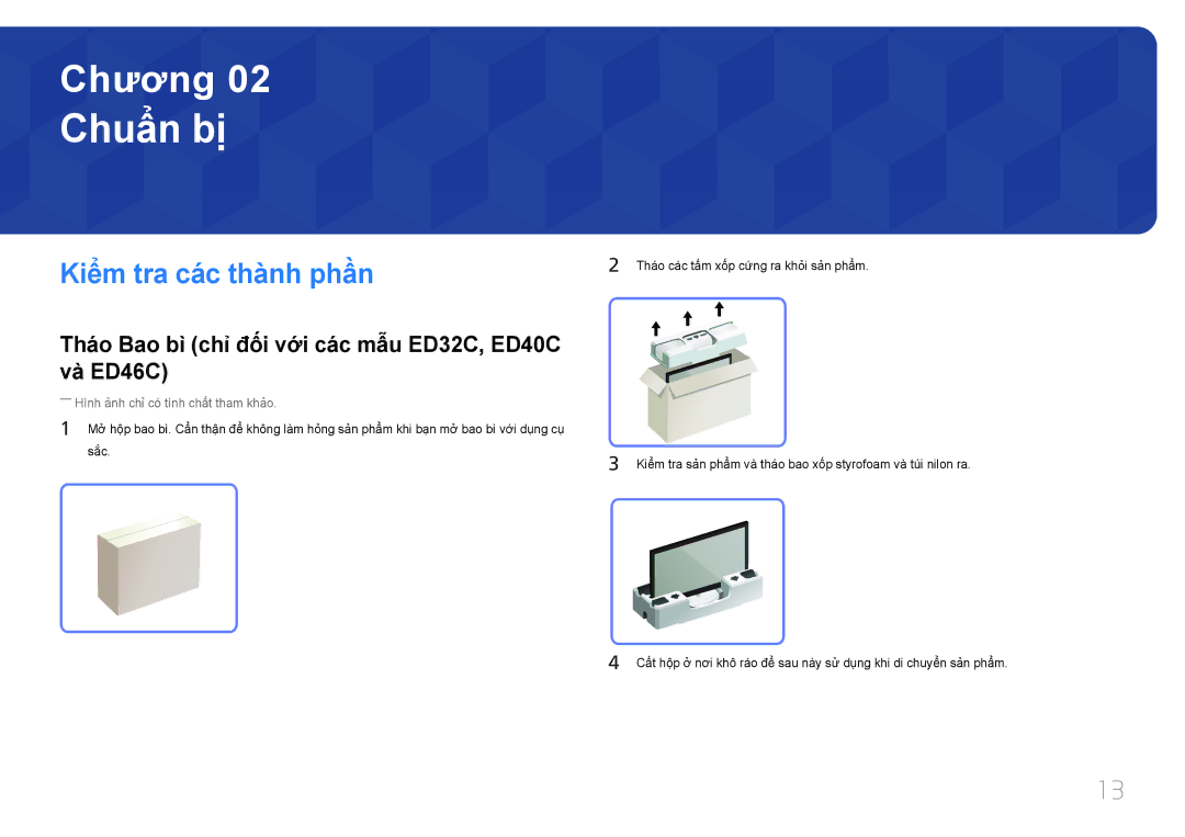 Samsung LH46EDCPLBC/XY Chuẩ̉n bị̣, Kiểm tra các thà̀nh phần, Thao Bao bì chỉ đôi vơi cac mâu ED32C, ED40C và ED46C 