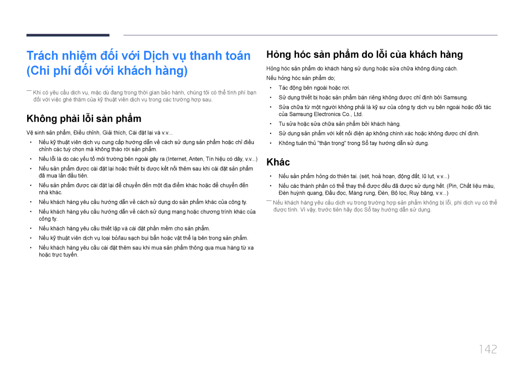 Samsung LH65EDCPLBC/XY manual 142, Không phải lỗi sản phẩm, Hỏng hoc sản phẩm do lỗi của khach hàng, Khac 