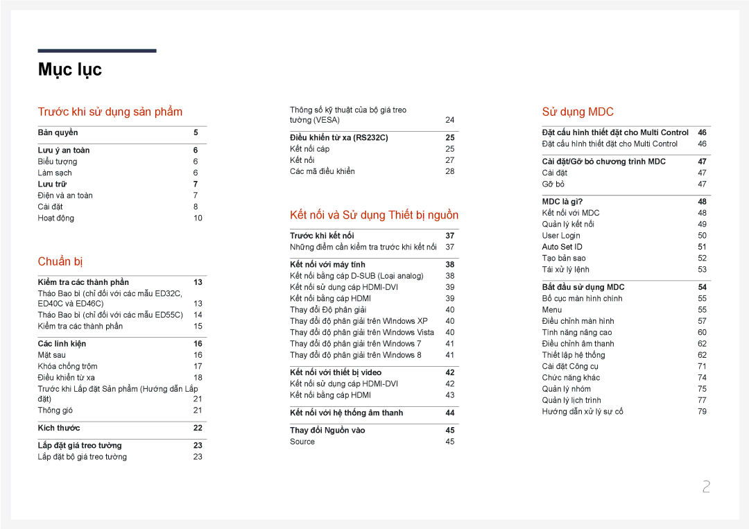 Samsung LH65EDCPLBC/XY, LH46EDCPLBC/XY manual Mục lục 