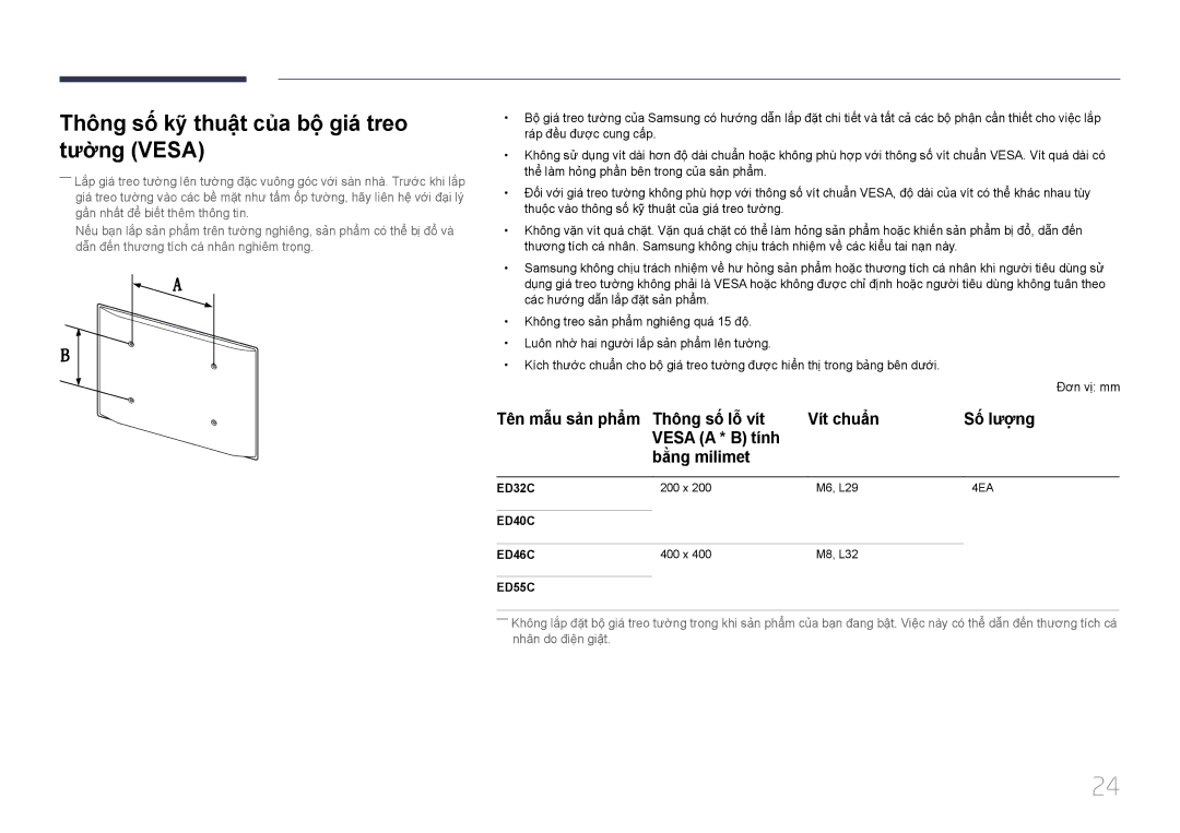 Samsung LH65EDCPLBC/XY, LH46EDCPLBC/XY manual Thông sô kỹ thuât của bô gia treo tường Vesa, ED55C 