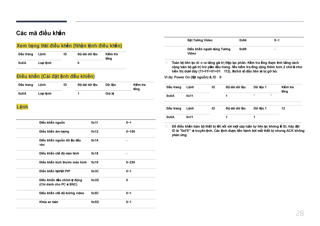 Samsung LH65EDCPLBC/XY, LH46EDCPLBC/XY manual Không Loạ̣i lệnh Lênh Dãy giá trị̣ 