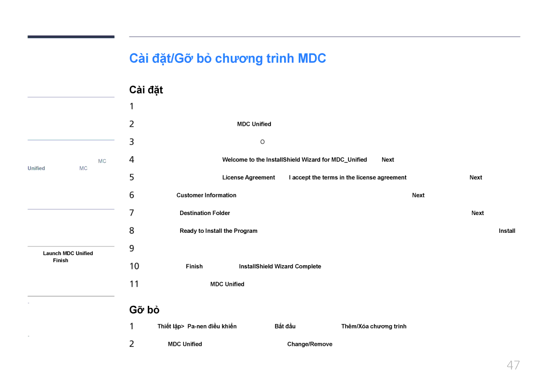 Samsung LH46EDCPLBC/XY, LH65EDCPLBC/XY manual Cài đặt/Gỡ bỏ chương trình MDC, Gỡ̃ bỏ̉ 