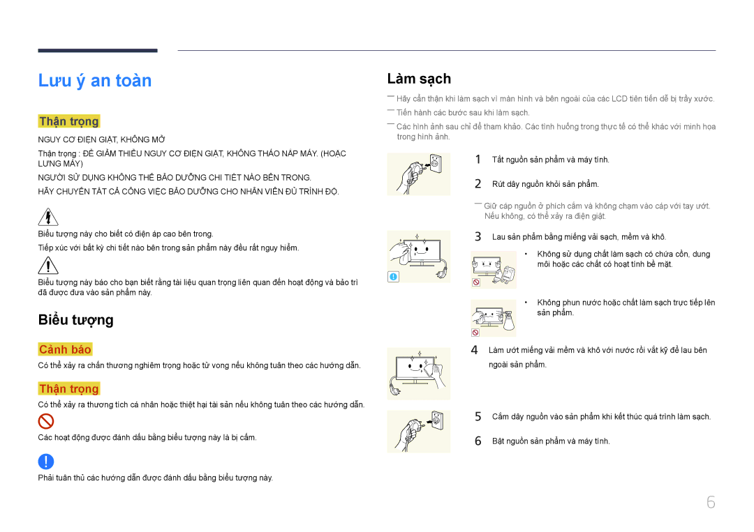 Samsung LH65EDCPLBC/XY, LH46EDCPLBC/XY manual Lưu ý an toàn, Làm sạch, Biêu tương, Thân trọng 