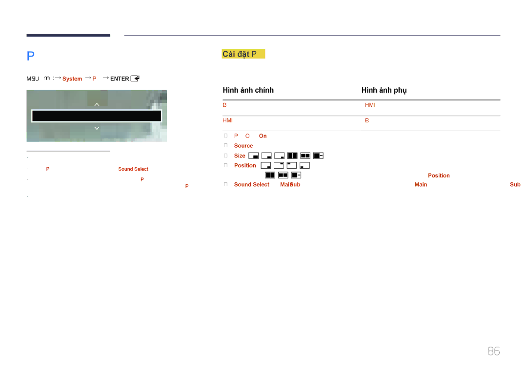 Samsung LH65EDCPLBC/XY, LH46EDCPLBC/XY manual Cài đặt PIP, Hình ảnh chính Hình ảnh phu, Menu m System PIP Enter 