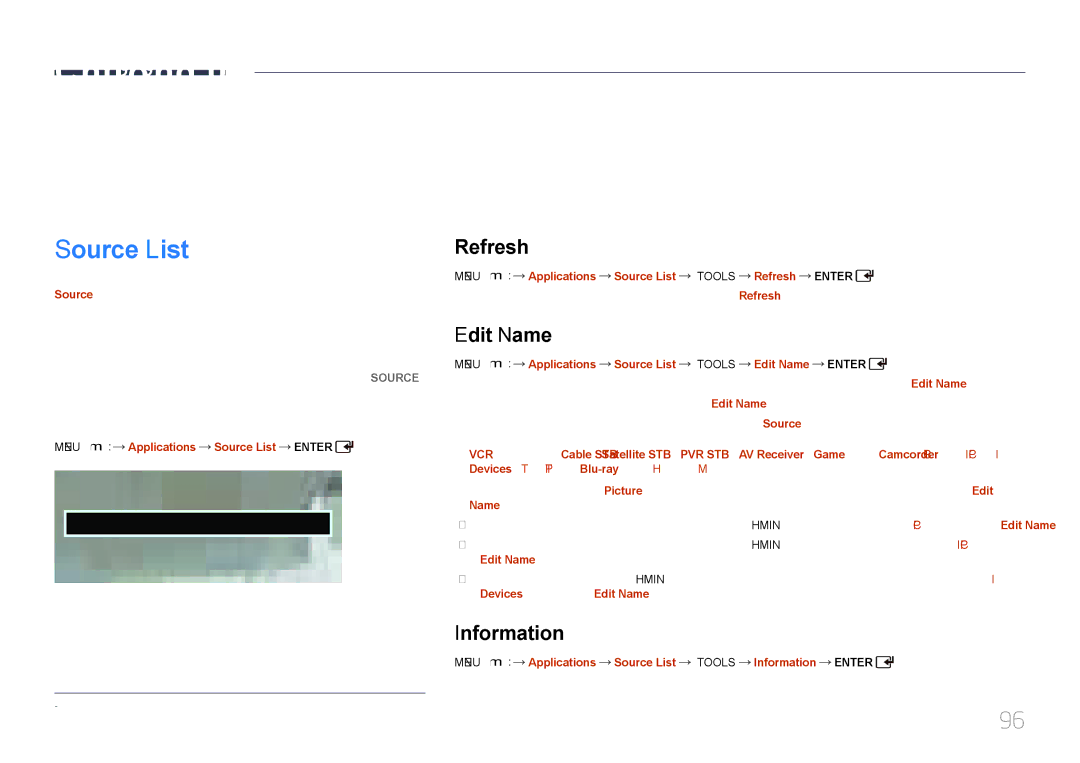 Samsung LH65EDCPLBC/XY, LH46EDCPLBC/XY manual Applications, Source List, Refresh, Edit Name, Information 