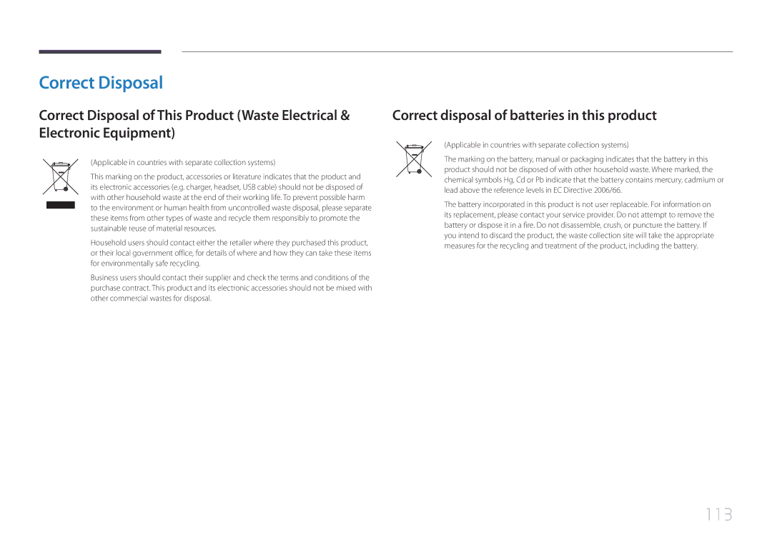 Samsung LH65EDDPLGC/HD, LH65EDDPLGC/EN, LH75EDDPLGC/EN Correct Disposal, 113, Correct disposal of batteries in this product 