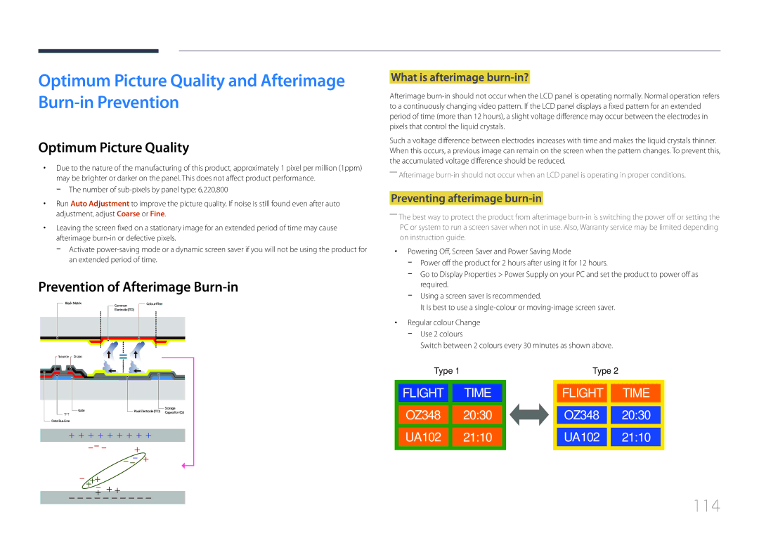 Samsung LH65EDDPLGC/NG Optimum Picture Quality and Afterimage Burn-in Prevention, 114, Prevention of Afterimage Burn-in 