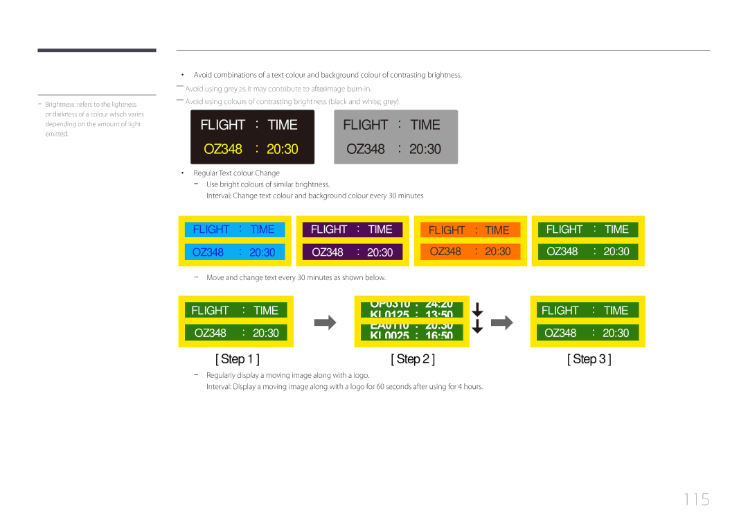 Samsung LH65EDDPLGC/UE, LH65EDDPLGC/EN, LH75EDDPLGC/EN manual 115, Move and change text every 30 minutes as shown below 